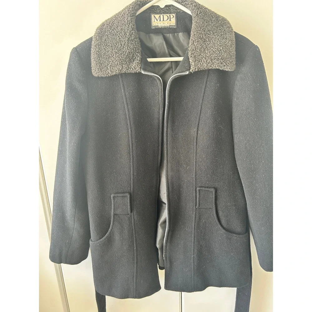 Mario De Pinto Vintage Black Wool Blend Zip Up Coat Faux Fur Collar Belt USA